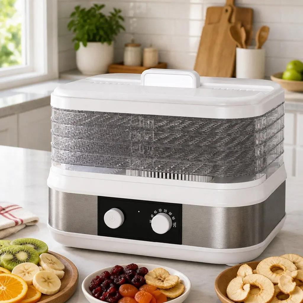 Food Dehydrator Adjustable Trays Stainless Steel 5 Trays White