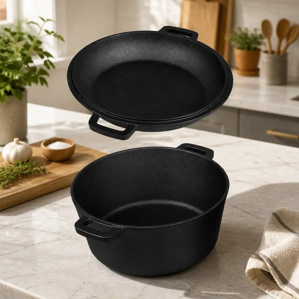 Cast Iron Double Dutch Oven 5.84L Heavy Duty Cooking Set Shallow Pan Deep Pot Black