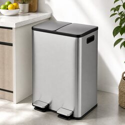 60L Dual Compartment Pedal Bin Kitchen Waste Recycling Dustbin Stainless Steel