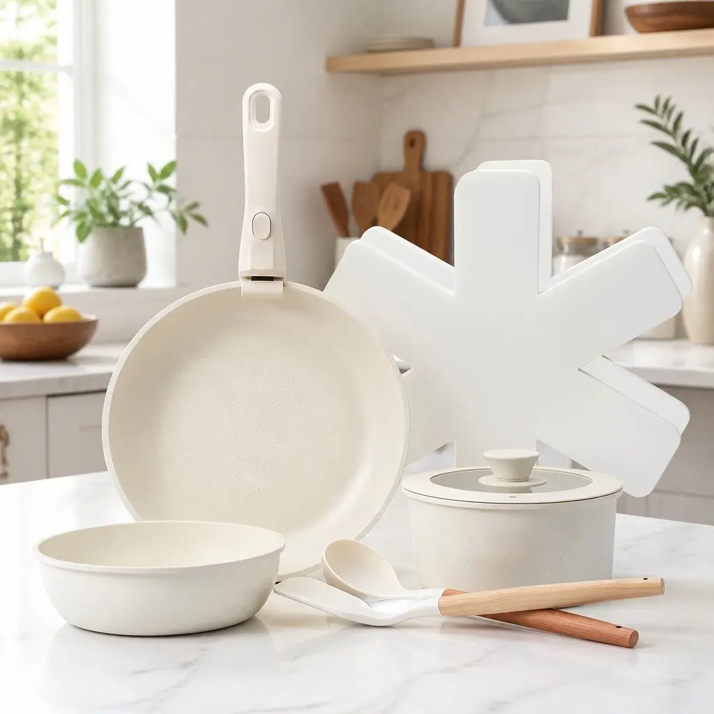 9 Piece Non Stick Cookware Set Stackable Aluminium Alloy White