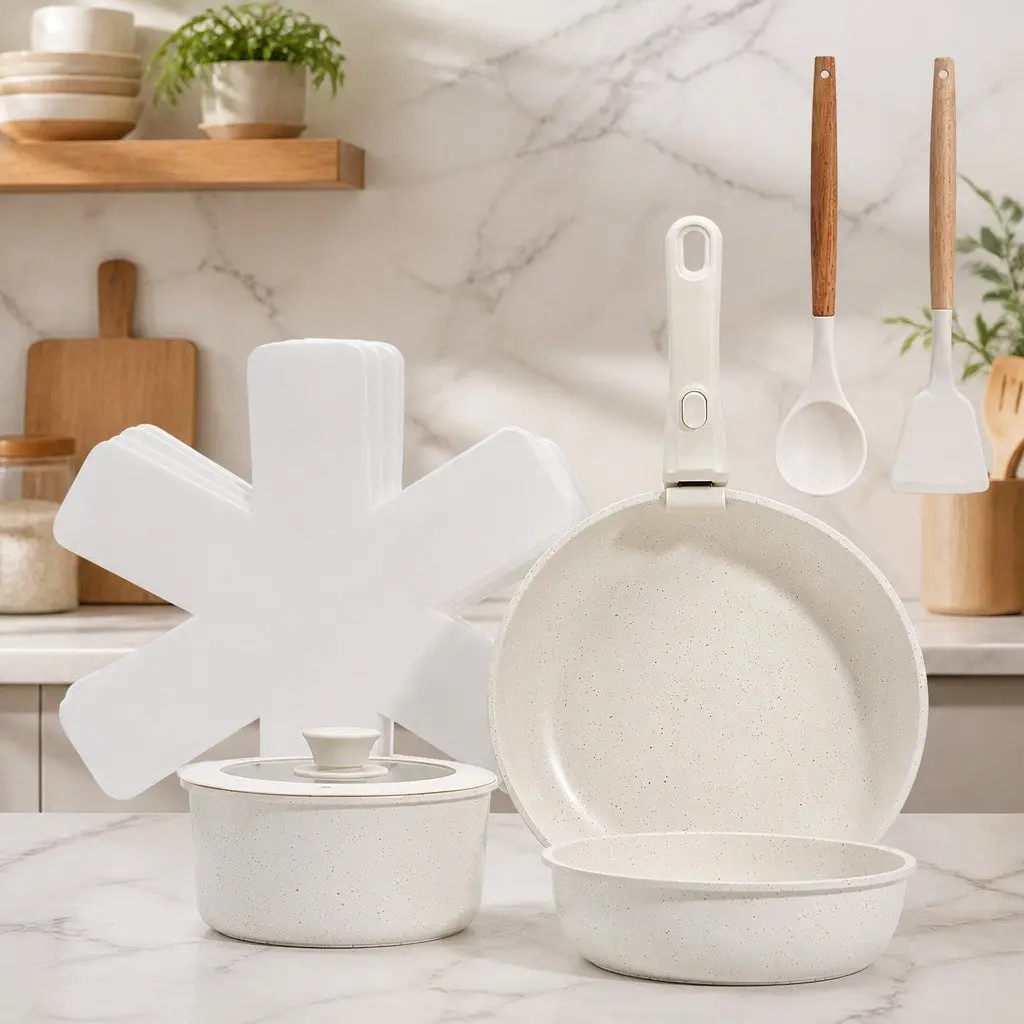 9 Piece Non Stick Cookware Set Stackable Aluminium Alloy White
