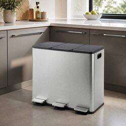 3 Compartment Pedal Rubbish Bin Kitchen Trash Can 54L Waste Sorting Recycling