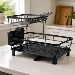 2 Tier Dish Drying Rack Kitchen Organizer Plate Drainer Cutlery Holder Storage
