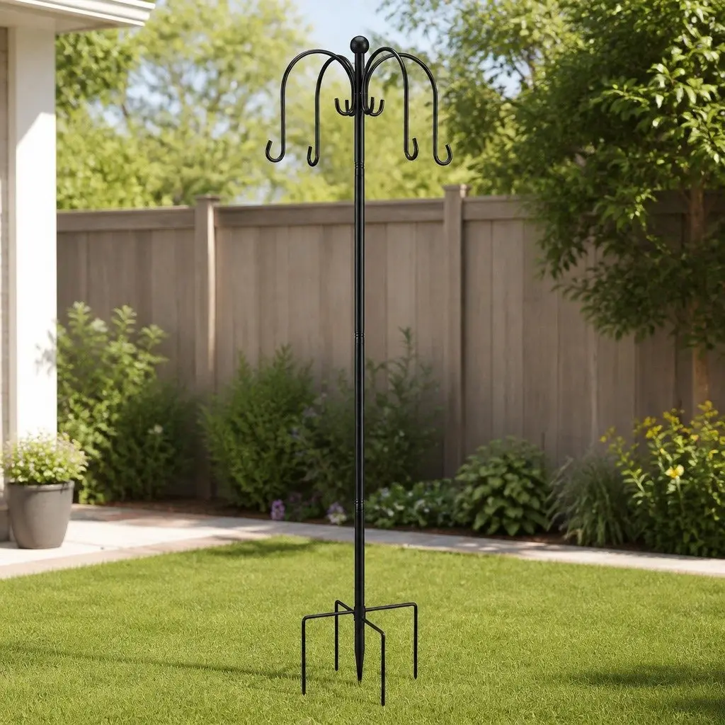 Bird Feeder Pole Station Adjustable Height 224cm Black Metal 8 Hooks Outdoor Garden Stand