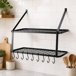 Wall Mounted Pot Pan Rack with Mesh Shelf 10 Hooks Kitchen Storage Organizer