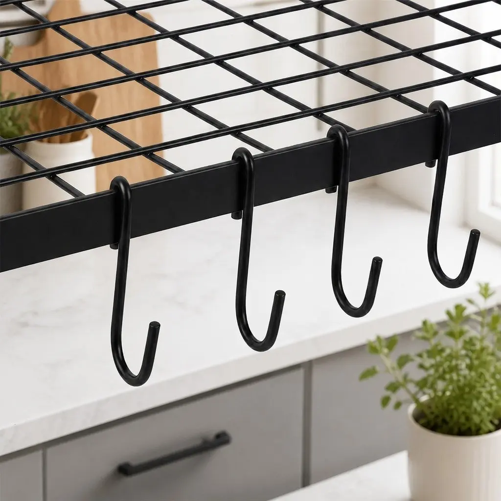 Wall Mounted Pot Pan Rack with Mesh Shelf 10 Hooks Black Iron Kitchen Storage Organizer