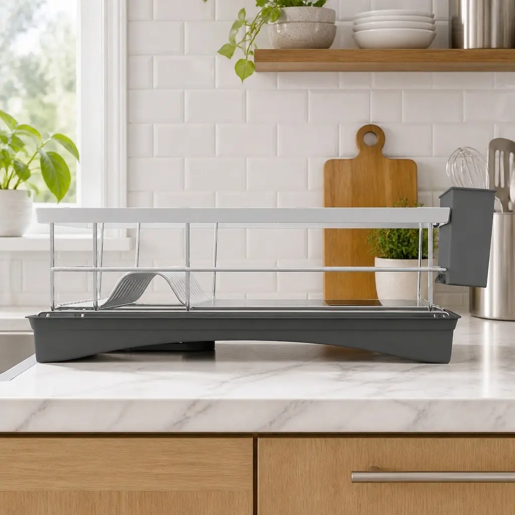 Dish Drying Rack Stainless Steel Single Tier with Cutlery Holder and Integrated Drainboard Silver 49cm x 31cm x 14.5cm