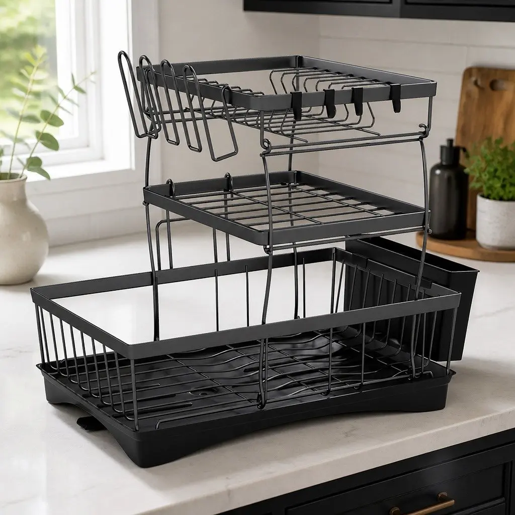 3 Tier Dish Drying Rack Plate Drainer Cutlery Holder Cup Organizer Kitchen