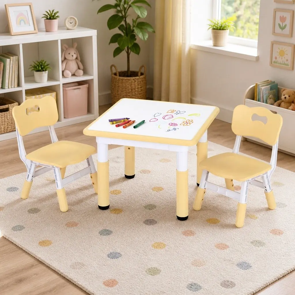 Kids Table and Chairs Set Height Adjustable Draw-on Tabletop for Ages 3-8 White or Natural