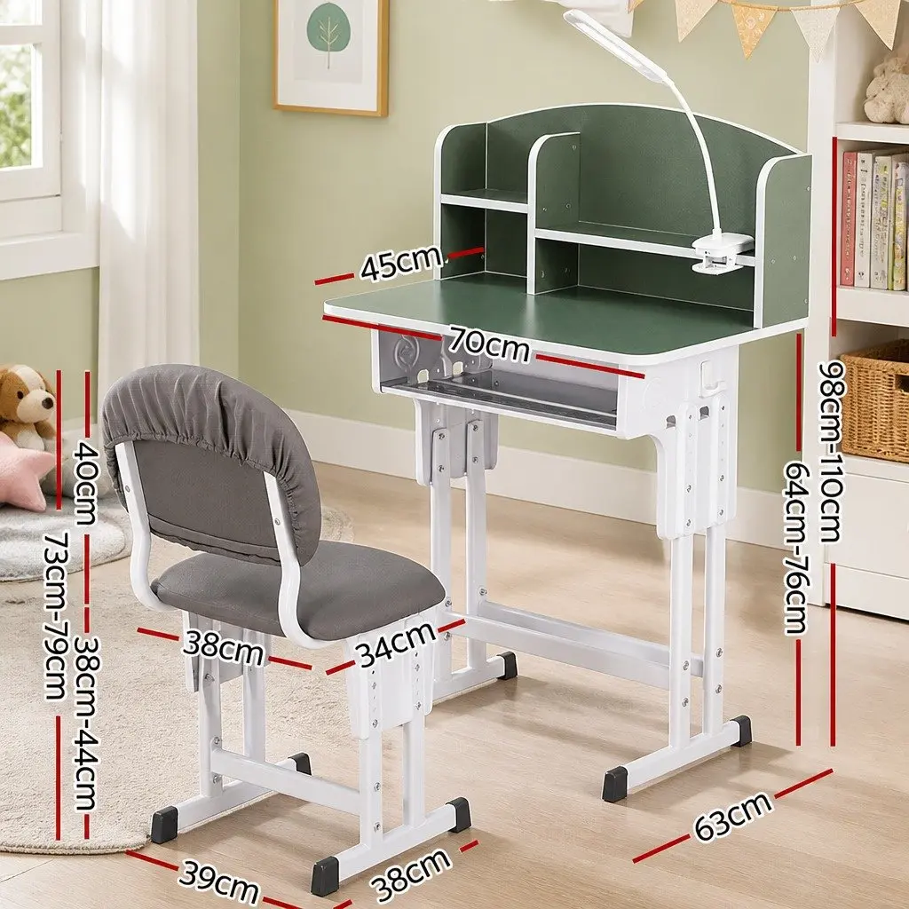 Kids Study Desk Chair Set Height Adjustable Ergonomic Green with LED Lamp