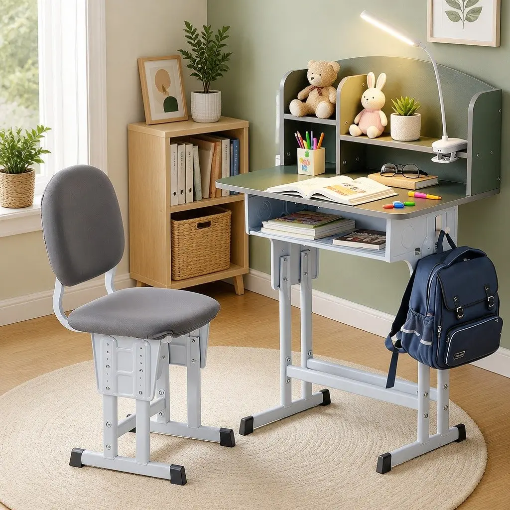 Kids Study Desk Chair Set Height Adjustable Ergonomic Green with LED Lamp