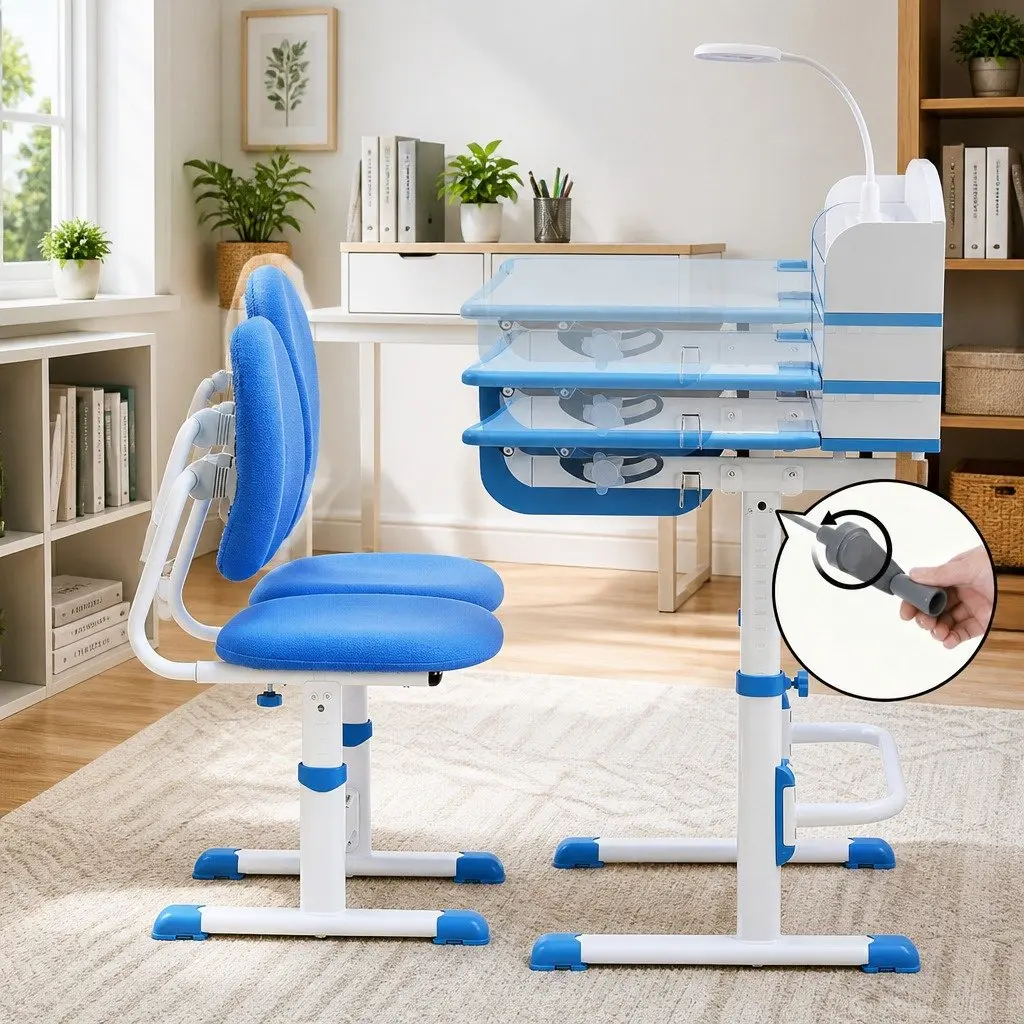 Kids Study Desk Chair Set Height Adjustable Ergonomic Blue with LED Lamp