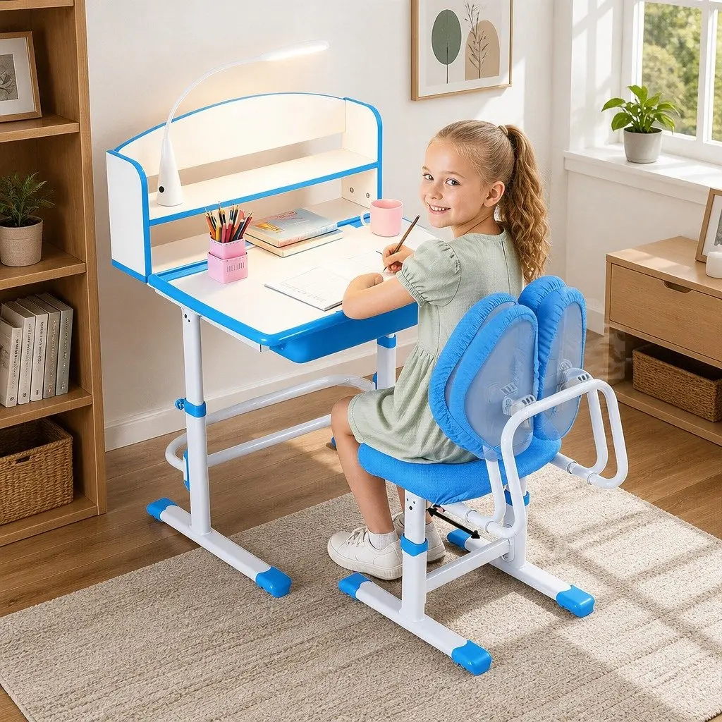 Kids Study Desk Chair Set Height Adjustable Ergonomic Blue with LED Lamp