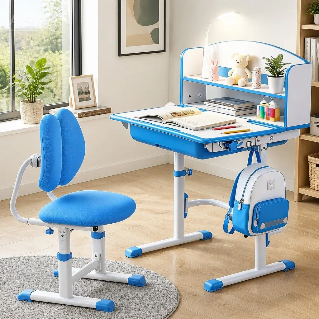 Kids Study Desk Chair Set Height Adjustable Ergonomic Blue with LED Lamp