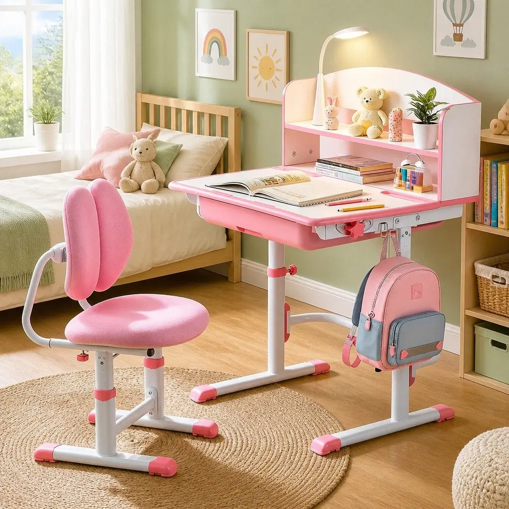 Kids Study Desk Chair Set Height Adjustable Ergonomic Pink with LED Lamp