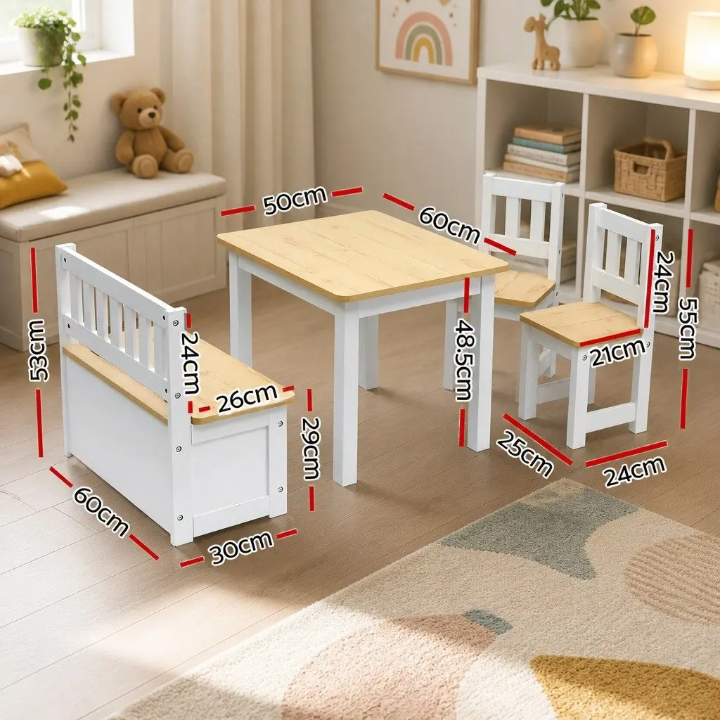Kids Activity Table and Chair Set 4-Piece with Storage Bench White and Natural Teakwood