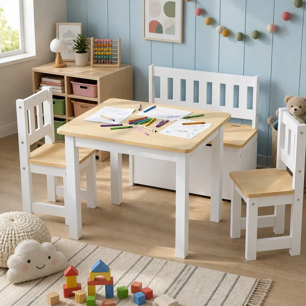 Kids Activity Table and Chair Set 4-Piece with Storage Bench White and Natural Teakwood