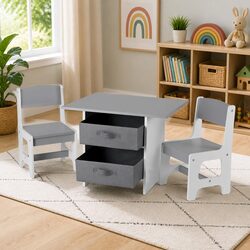 Kids Table and 2 Chairs Set Wooden Activity Desk Storage Drawers Toddler Grey