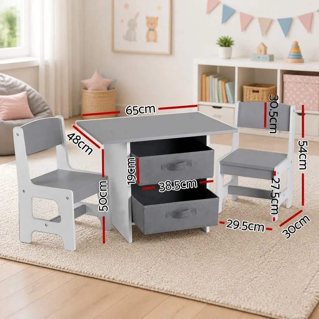 Kids Table and Chairs Set Wooden Activity Desk with Storage Drawers Grey