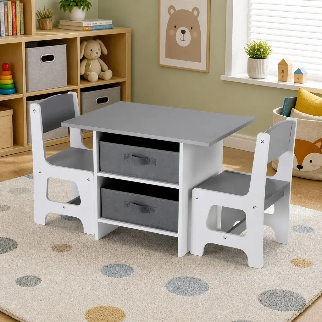 Kids Table and Chairs Set Wooden Activity Desk with Storage Drawers Grey