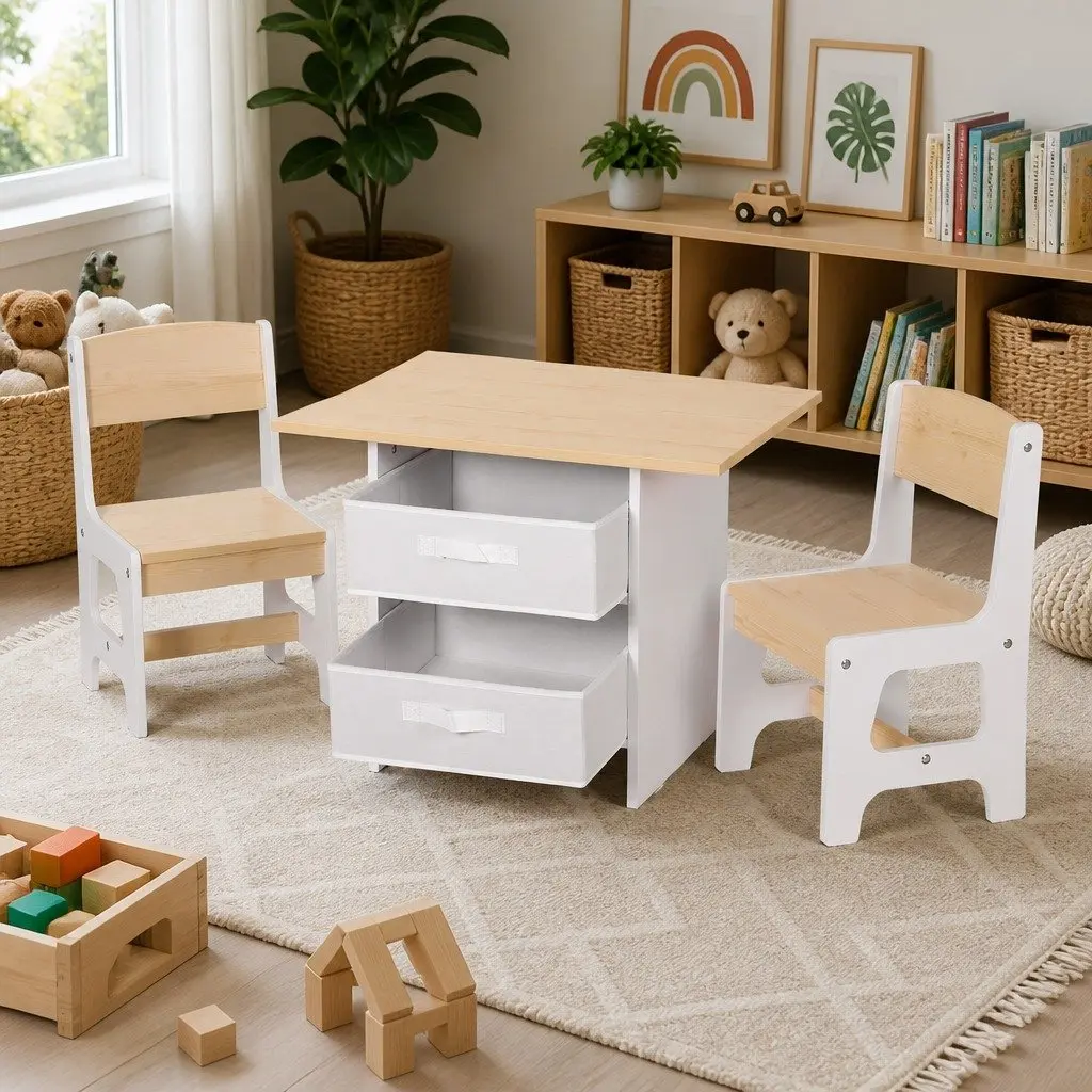 Kids Table and Chairs Set Activity Desk with Storage Drawers for Drawing White and Natural