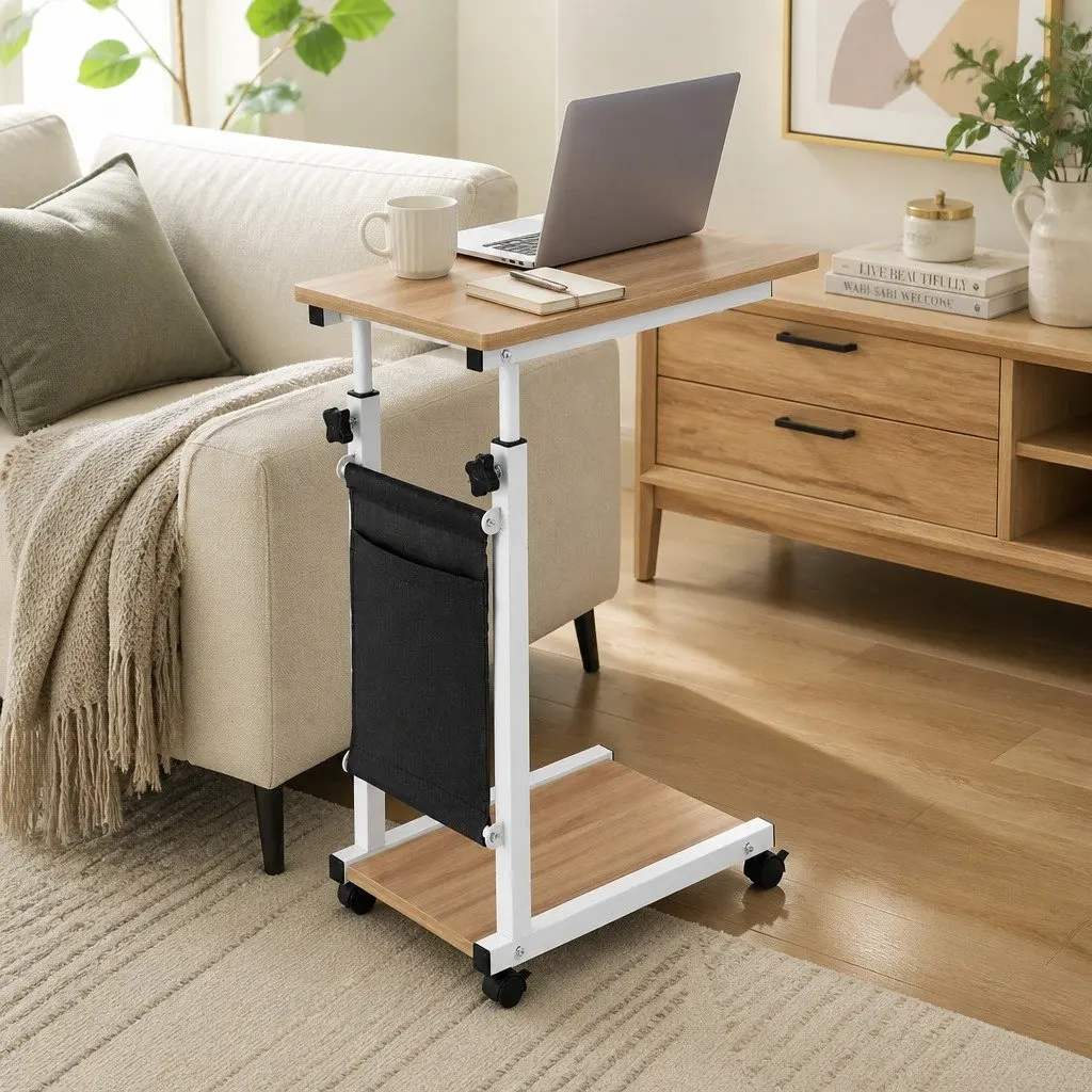 Mobile Laptop Desk Height Adjustable Portable Workstation C-shaped Metal Frame Oak White