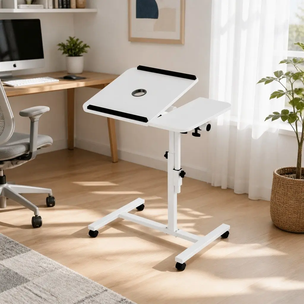 Laptop Desk Adjustable Height Swivel 60CM White with USB Cooling Fan