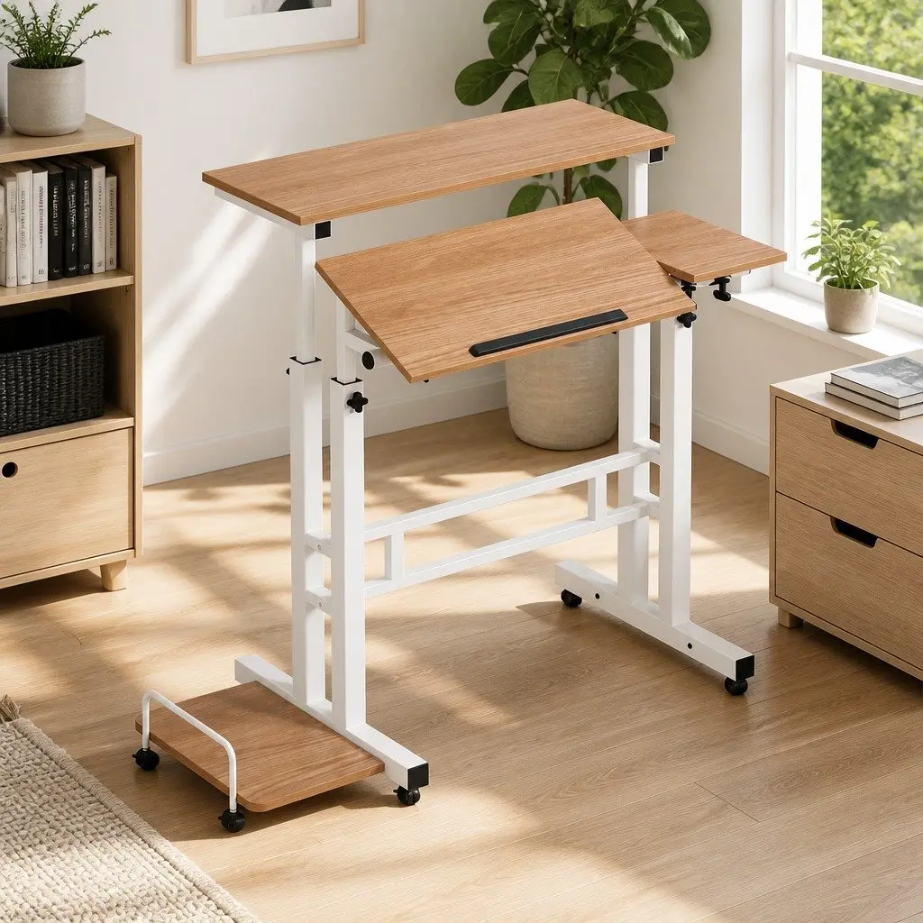 Mobile Twin Laptop Desk Adjustable Height Tilting Tabletop Light Wood