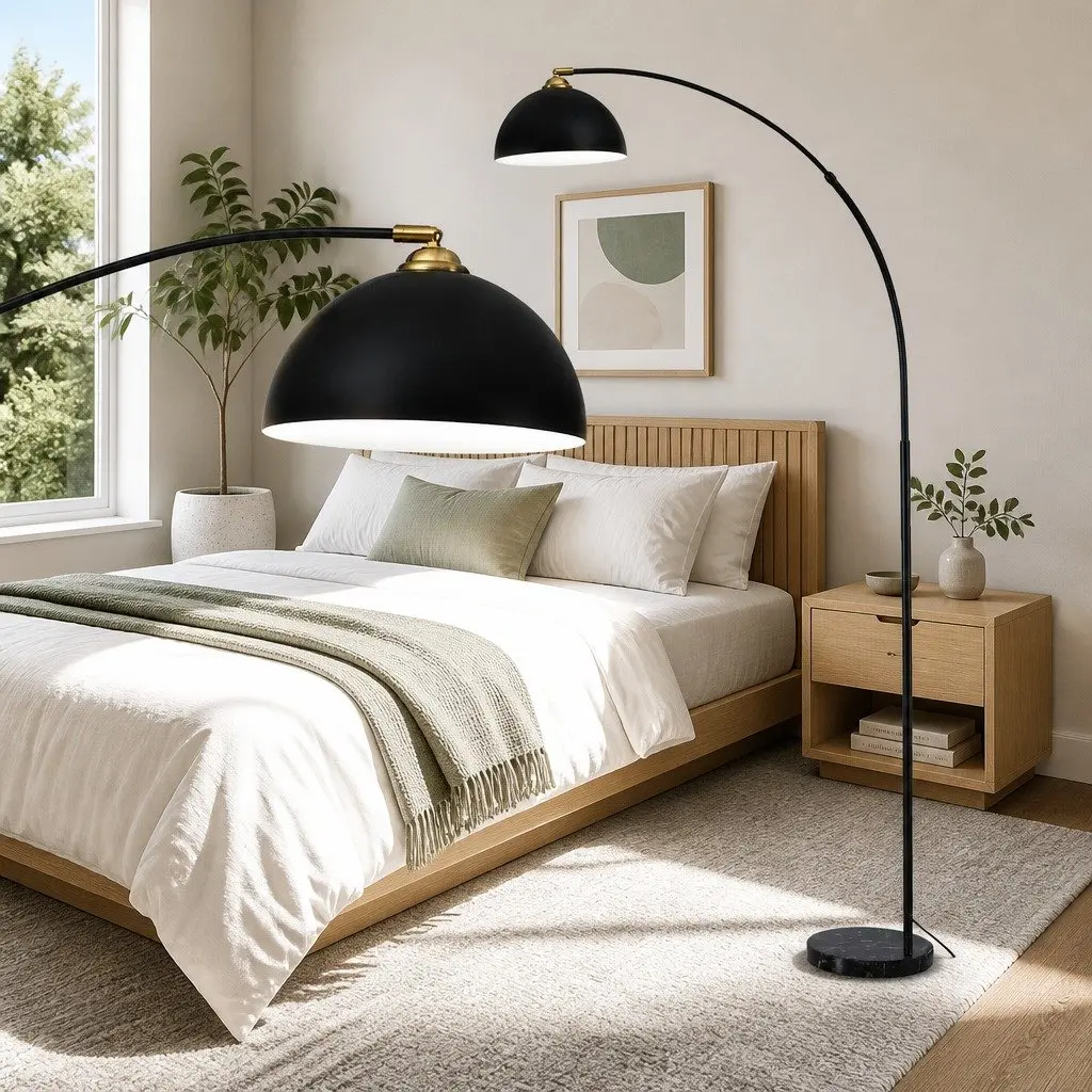 Modern Arched Floor Lamp Black Standing Marble Base Reading Task Light Living