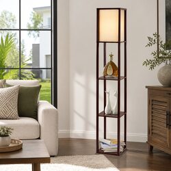 Floor Lamp with 3 Tier Shelf Storage LED Stand Brown Vintage Home Room Display