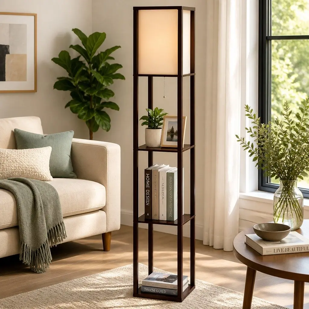 Floor Lamp with 3 Tier Shelf Storage Vintage Brown 160cm
