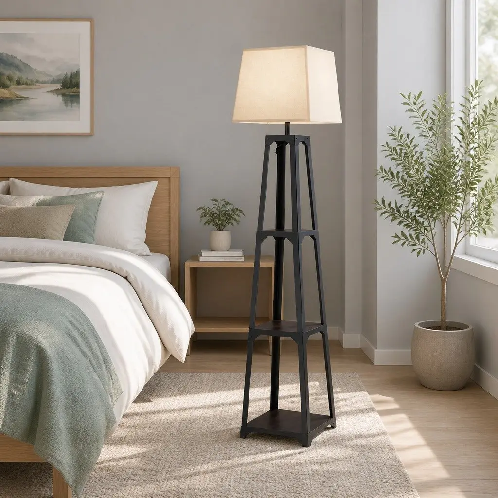 Floor Lamp with 3 Tier Shelf Storage E27 LED Stand Living Room Bedroom Black