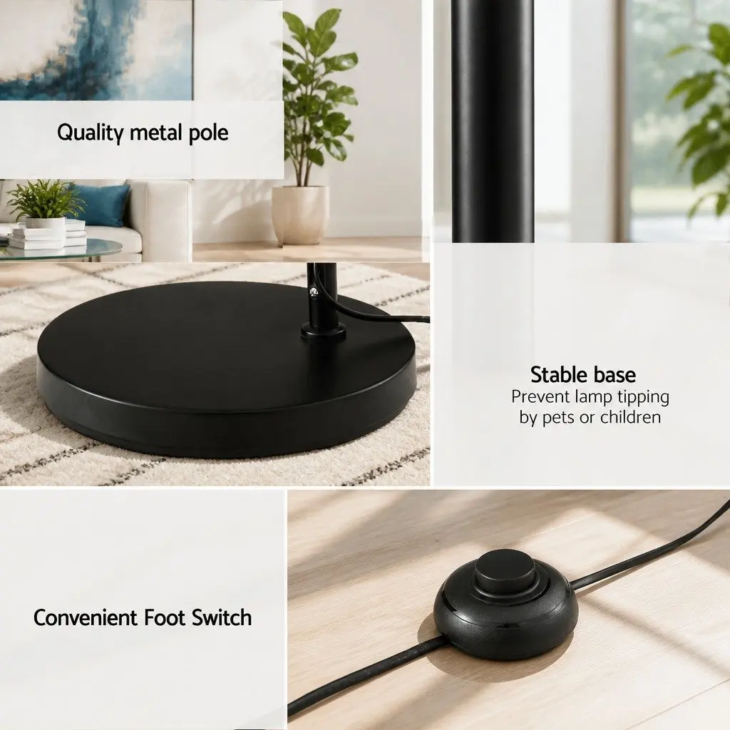 Floor Lamp Modern Glass Shade Metal Pole Black 161cm