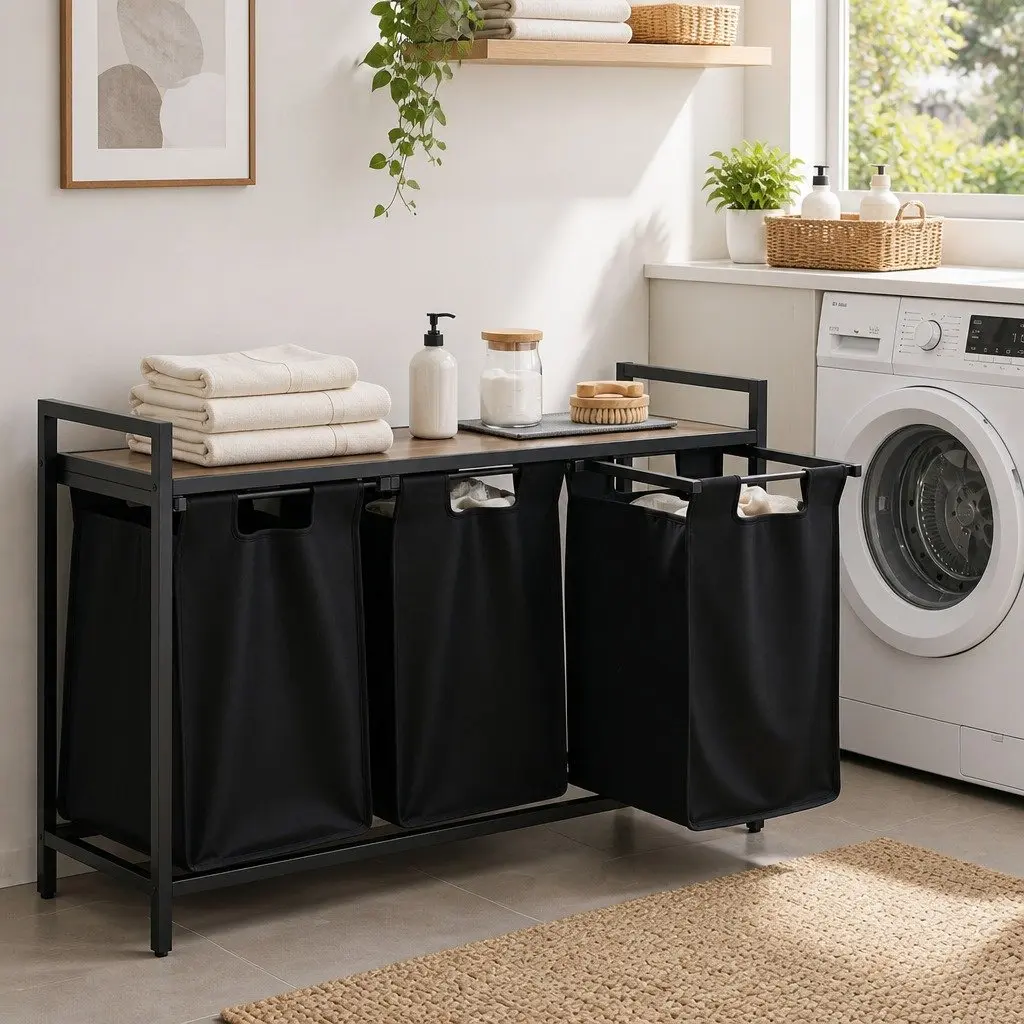 Laundry Basket with 3 Pull-out Bags Metal Frame Storage Organiser Black