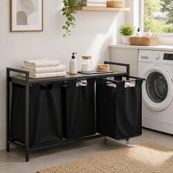 Laundry Basket with 3 Pull-out Bags Metal Frame Storage Organiser Black