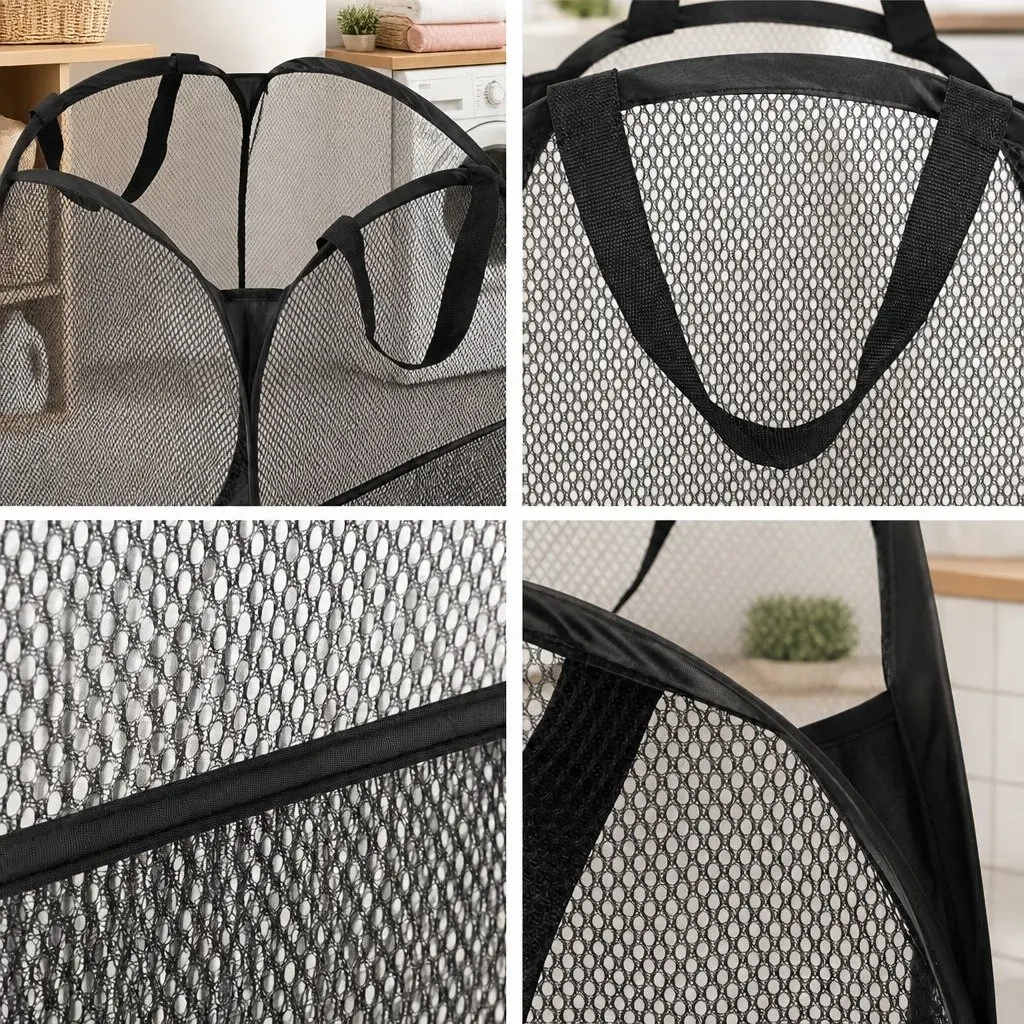 Foldable Laundry Basket Hamper Ventilated Mesh Black 2 Pack