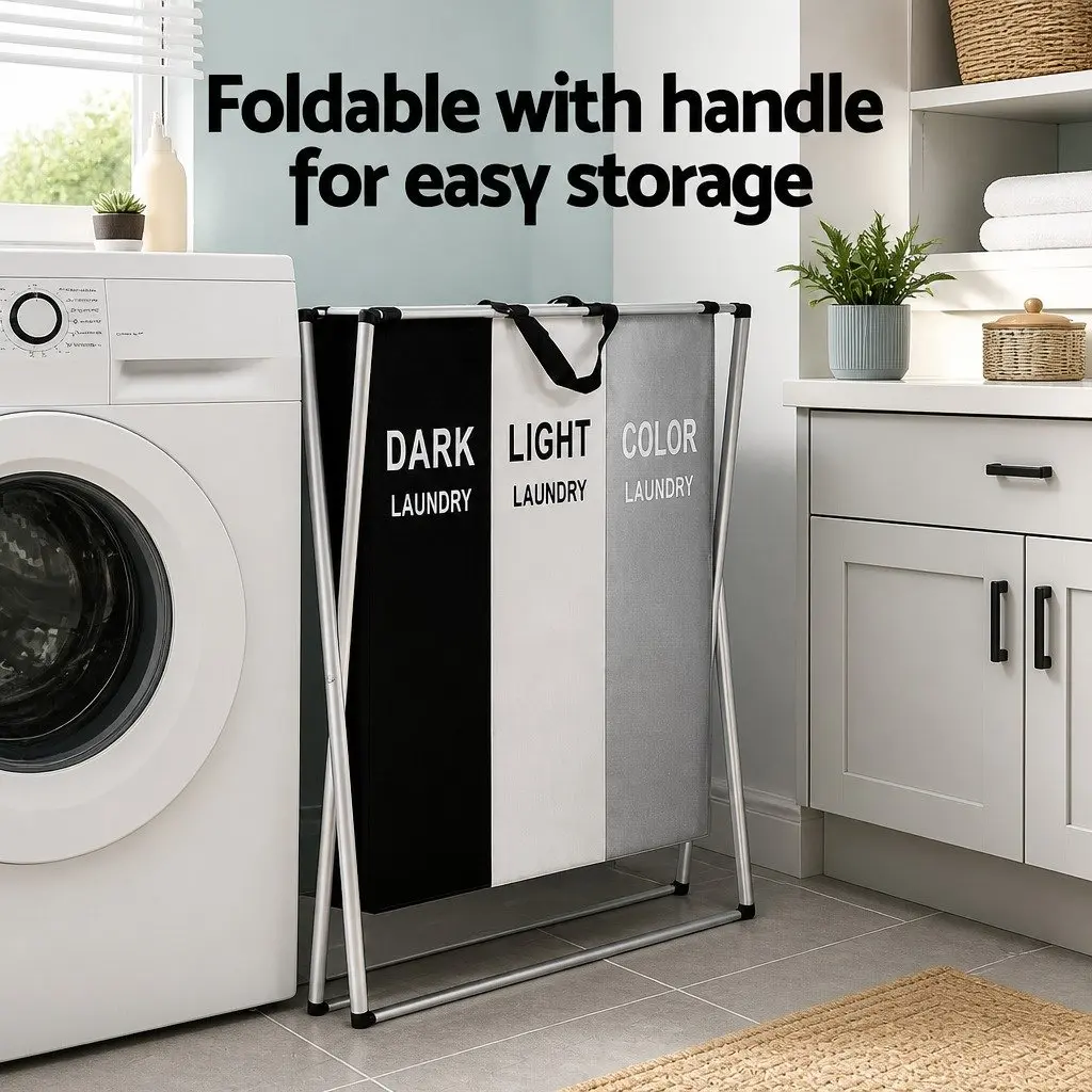 Laundry Basket Hamper Large Foldable 3 Sections Multicolour Clothes Storage Organiser