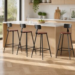 Bar Stools Set of 4 Industrial Metal Chairs with Pinewood Seat Backrest Black