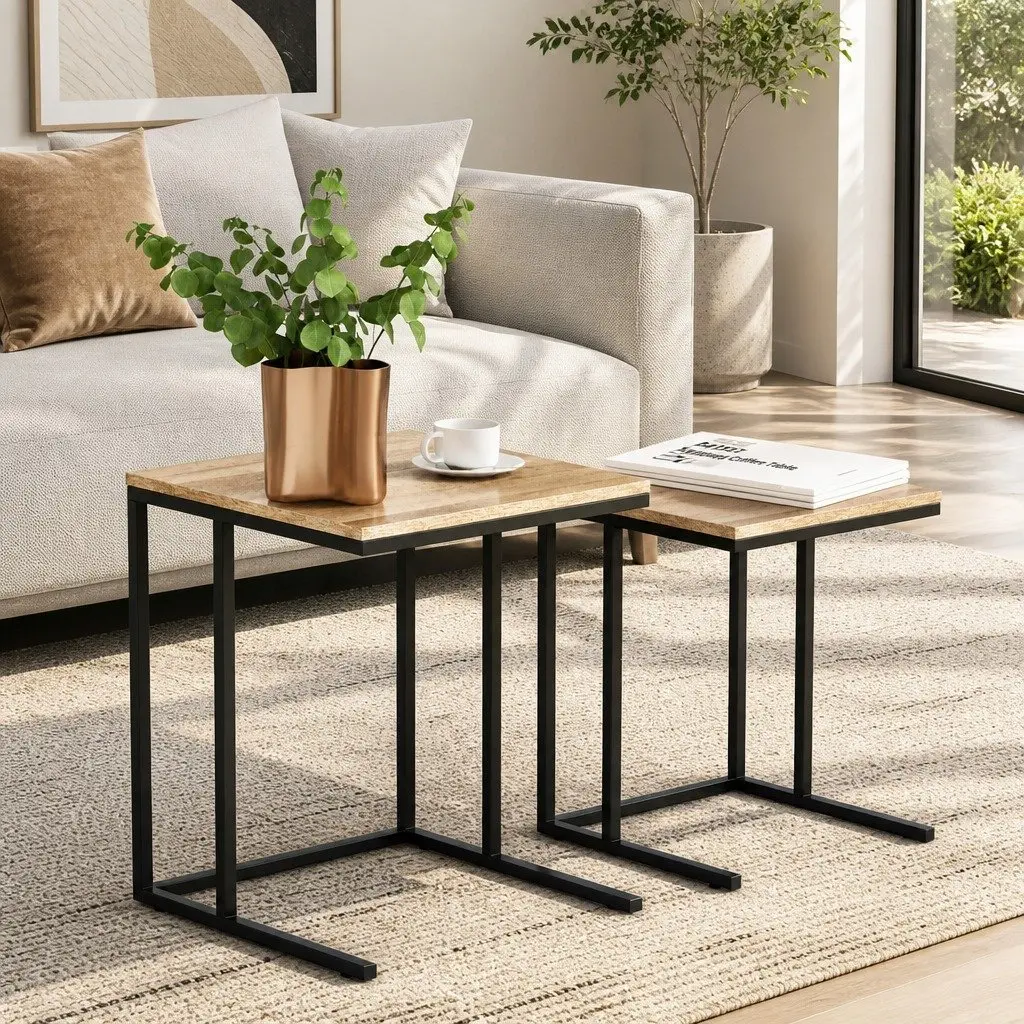 Nesting Side Table Set 2 Piece Industrial Style Space-Saving Dark Wood