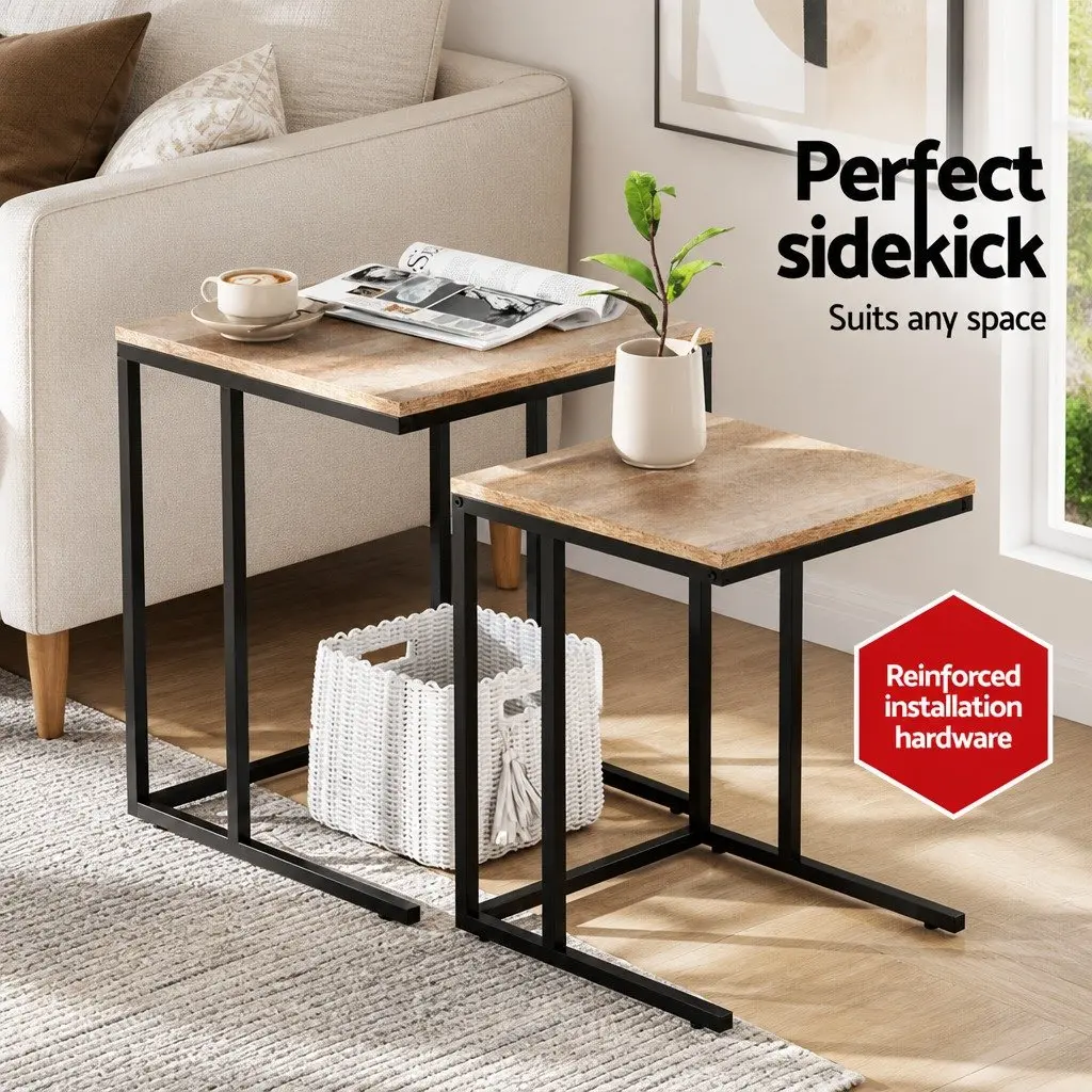 Nesting Side Table Set 2 Piece Industrial Style Space-Saving Dark Wood