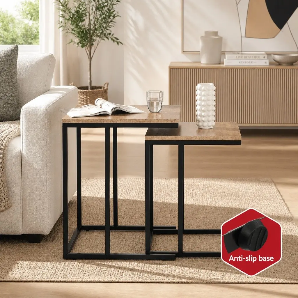 Nesting Side Table Set 2 Piece Industrial Style Space-Saving Dark Wood