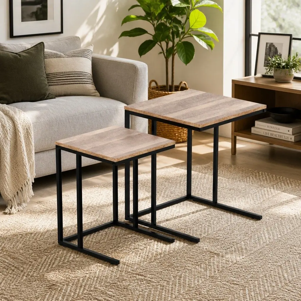 Nesting Side Table Set 2 Piece Industrial Style Space-Saving Dark Wood