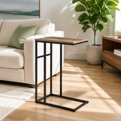 Industrial Side Table C-Shape Compact Living Room Furniture Wood Steel Legs