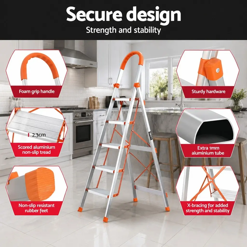 5 Step Ladder Folding Lightweight Aluminium Multi-Purpose Silver