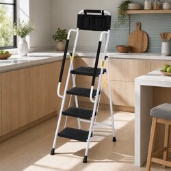 4 Step Ladder Folding Steel Platform Multi-Purpose Tool Bag Handrails Home