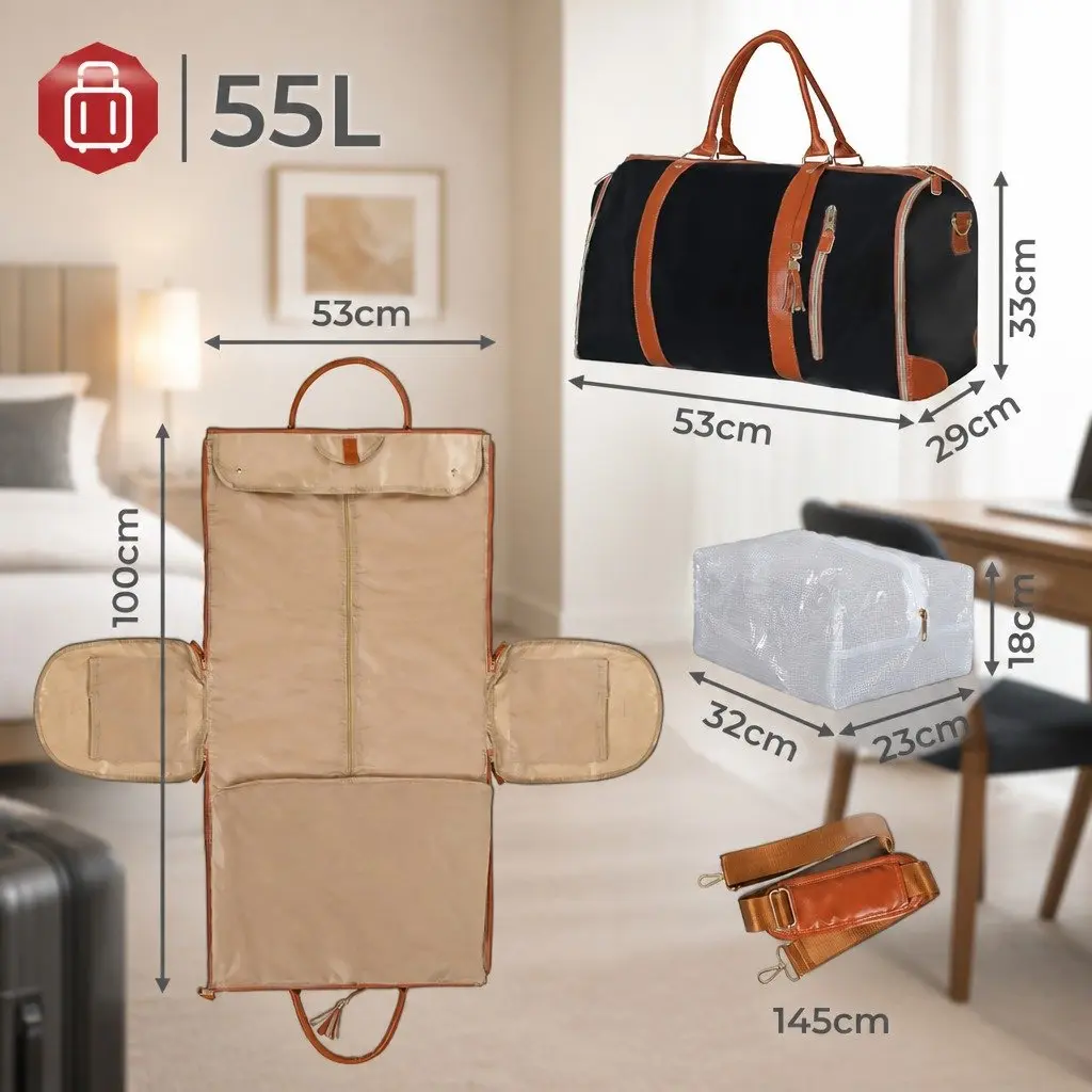 Carry On Garment Bag 55L Waterproof Black Suit Storage with Shoulder Strap