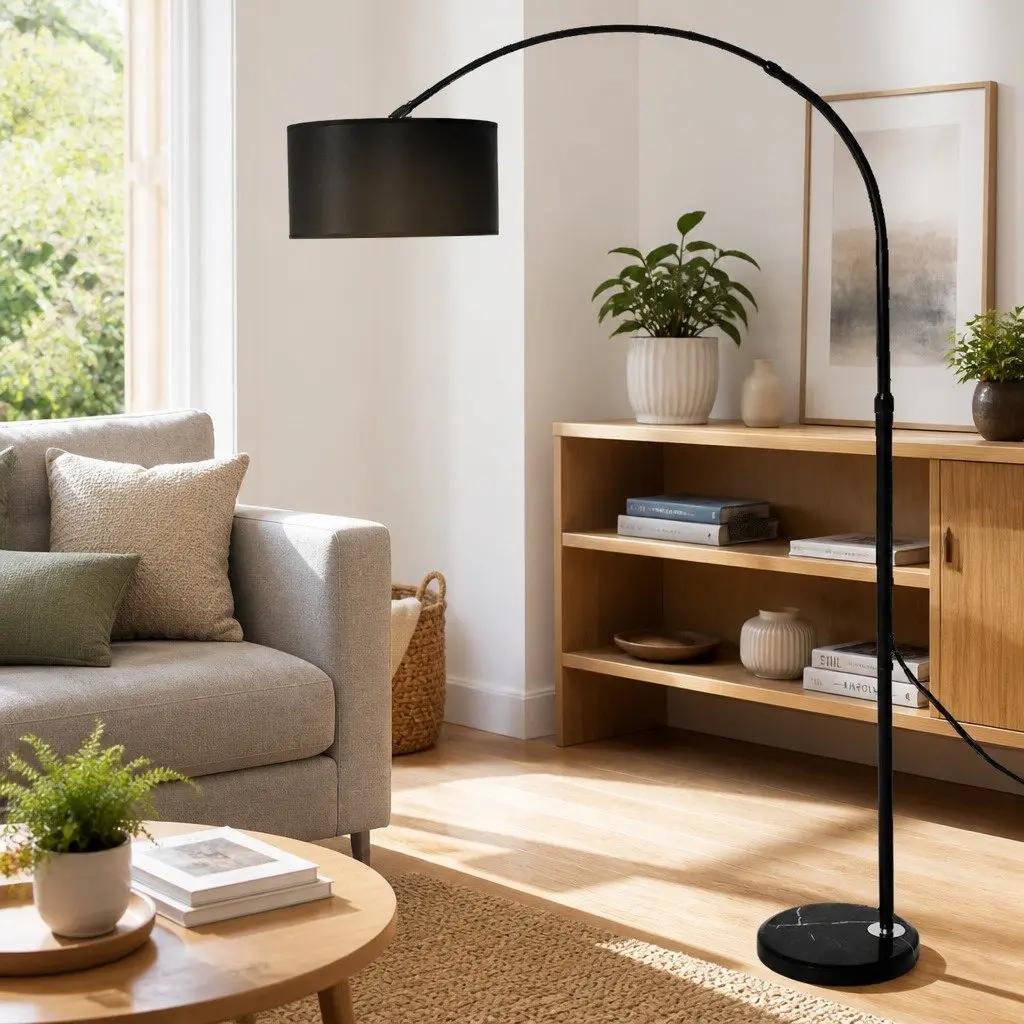 Modern LED Floor Lamp Reading Light Adjustable Arm Marble Base Black