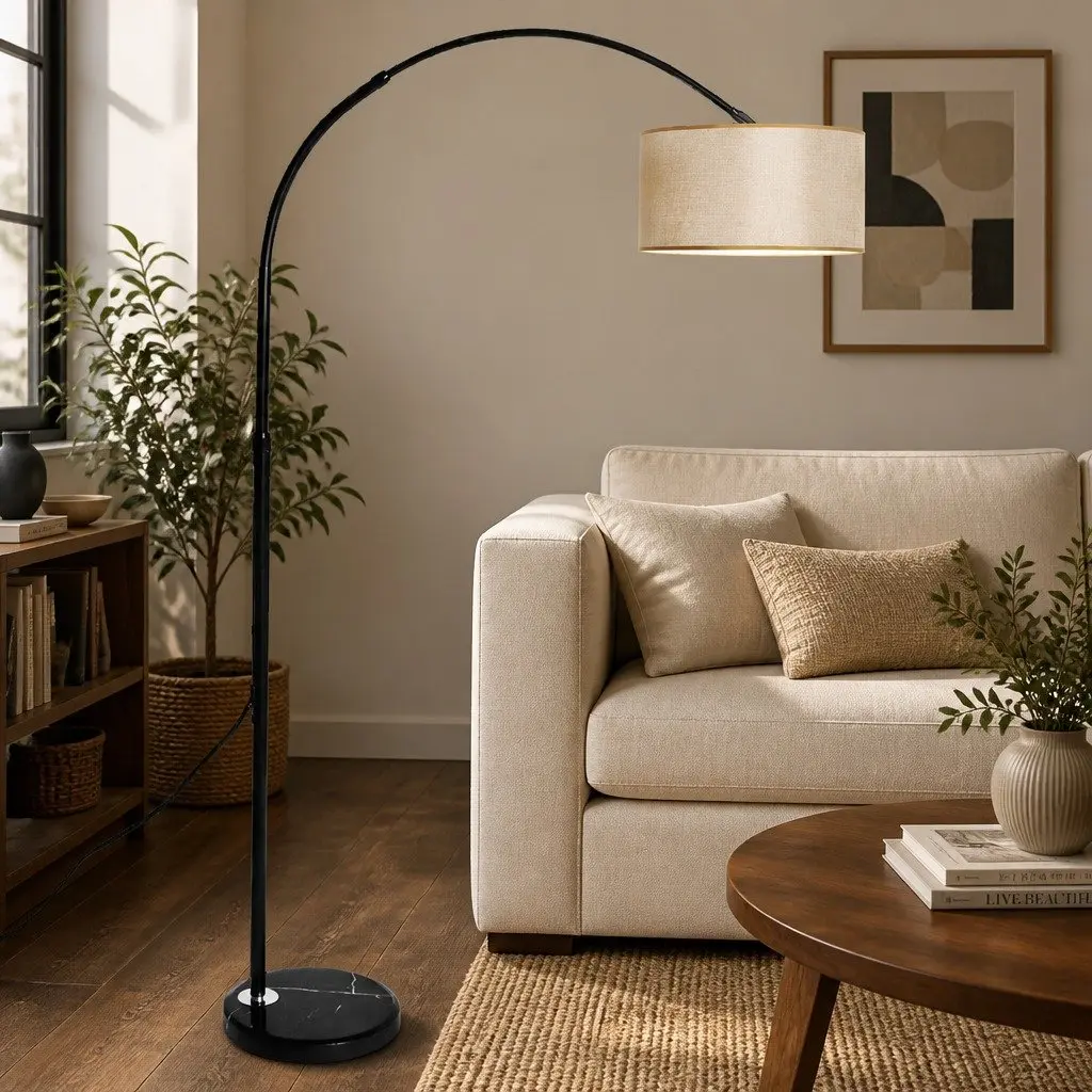Modern LED Floor Lamp Reading Light Adjustable Arm Marble Base Grey Black
