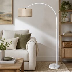 Modern LED Floor Lamp Reading Light Adjustable Arm Marble Base Linen Shade