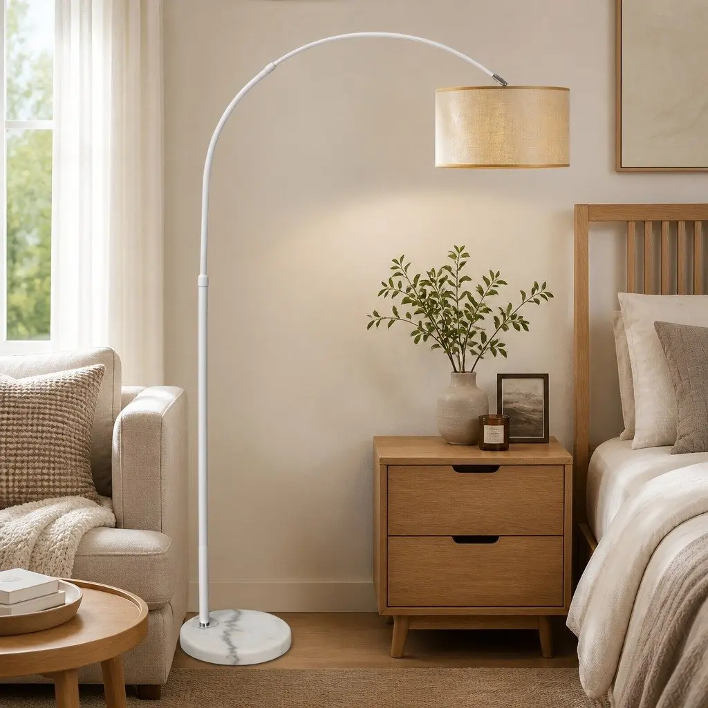 Modern LED Floor Lamp Reading Light Adjustable Arm Marble Base Linen Shade